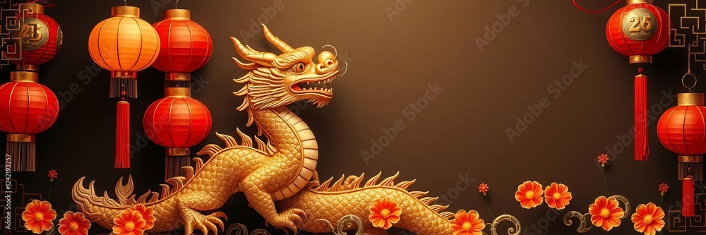 Illustration of year of the dragon 2024 with lanterns, flowers, asian elements, red and gold background, oriental, luck, gold Illustration of year of the dragon 2024 with lanterns, flowers, asian elements, red and gold background, oriental, luck, gold
