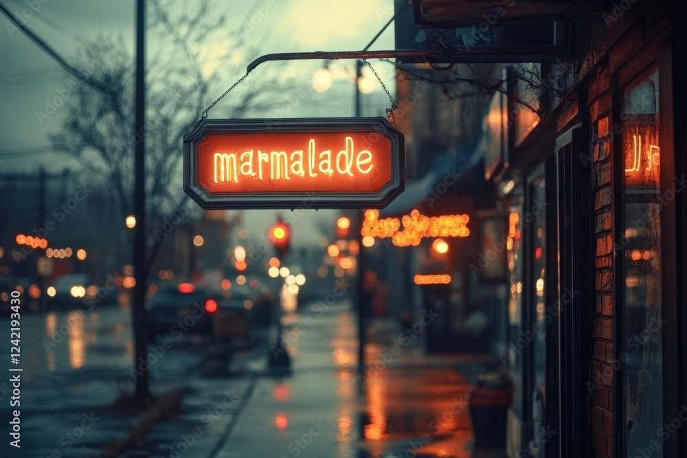 Obraz premium Dusk Street Scene with Rustic Neon Sign Illuminates 