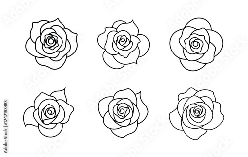 Six stylized rose outlines against a white background.
