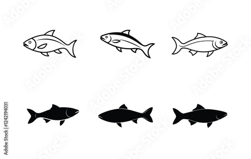 Simple Black and White salmon Fish Silhouette Icons