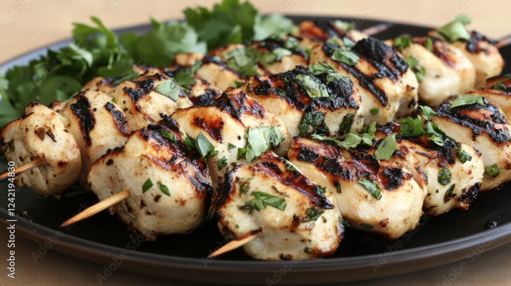 Grilled Chicken Skewers with Fresh Herbs and Green Garnishes Grilled Chicken Skewers with Fresh Herbs and Green Garnishes
