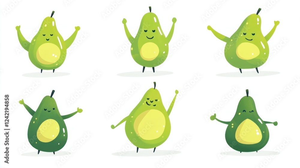 Six happy avocado characters posing, white background, kids' illustration Six happy avocado characters posing, white background, kids' illustration