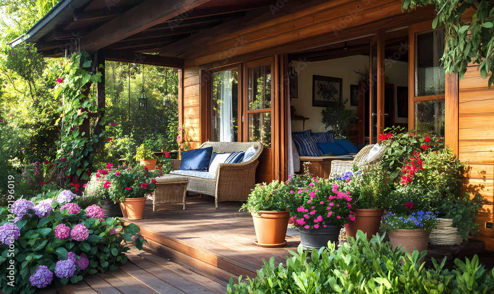 Naklejka premium Traditional Wooden Cabin with a Charming Front Porch, Inviting a Warm and Cozy Atmosphere