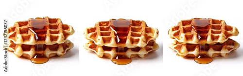 Panel kuchenny z motywem Three stacks of golden waffles drizzled with syrup, isolated on white background.