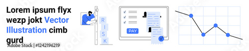 Risk evaluation blocks, document payment processing on screen, declining trend graph. Ideal for finance, business analysis, decision-making, economy, data visualization risk management. Abstract