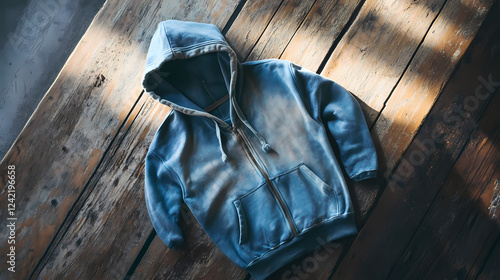 A faded blue hoodie with a plain front and a zip-up closure lies flat on a worn wooden table, its fabric emitting a soft, calming glow in the indirect sunlight. Worn & Weathered Look. Illustration photo