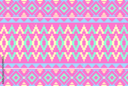 Geometric, seamless,pixel traditional ethnic, thai pattern, fabric pattern for textiles, rugs, wallpaper, clothing, sarong, batik, wrapping, embroidery, print, background, cover, illustration,