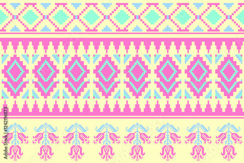Geometric, seamless,pixel traditional ethnic, thai pattern, fabric pattern for textiles, rugs, wallpaper, clothing, sarong, batik, wrapping, embroidery, print, background, cover, illustration,