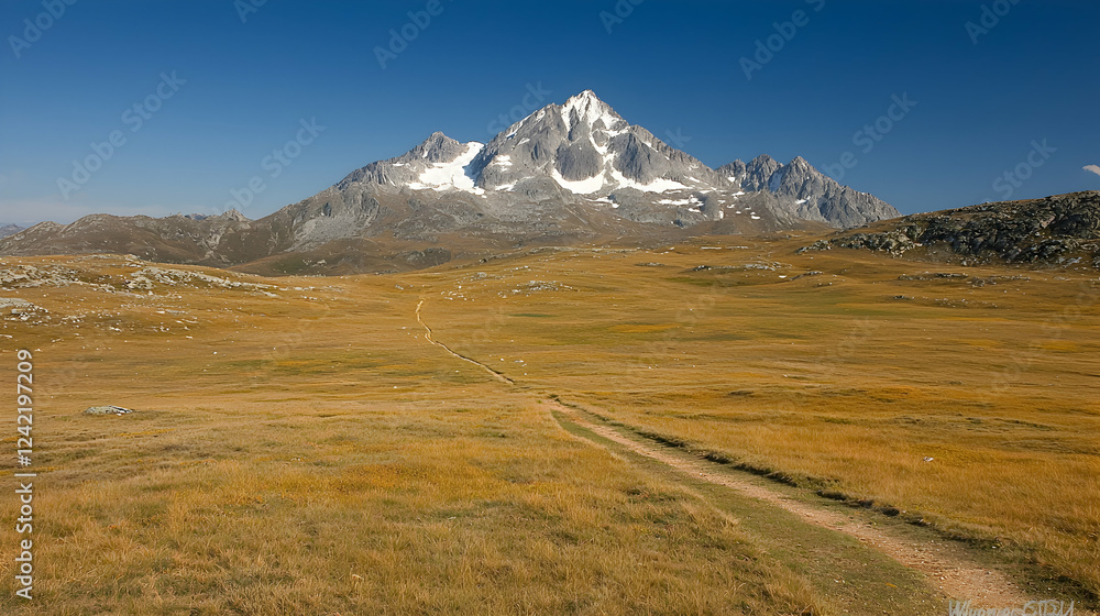 Mountain peak, autumnal valley path, clear sky, hiking trail