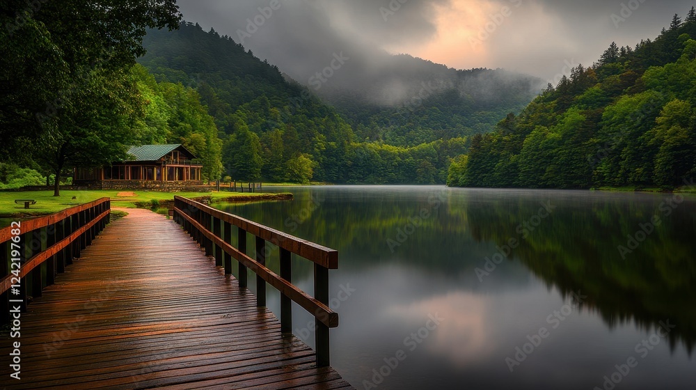 Serene Lake View with Wooden Dock and Lush Greenery at Dusk Serene Lake View with Wooden Dock and Lush Greenery at Dusk