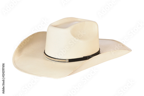 cowboy style hat straw hat with black ribbon isolated on white background, straw hat for women and men head protection