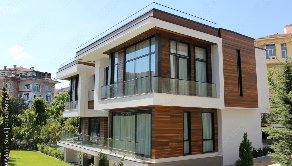 Modern two-story house with wood siding, large windows, and balconies. Modern two-story house with wood siding, large windows, and balconies.