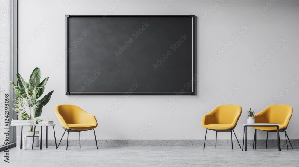 Modern waiting area with black board and yellow chairs. Modern waiting area with black board and yellow chairs.