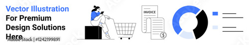 Woman shopping online, cart, invoice, financial document, and analytics chart. Ideal for e-commerce, finance apps, digital marketing, analytics consumer trends design projects flat landing page