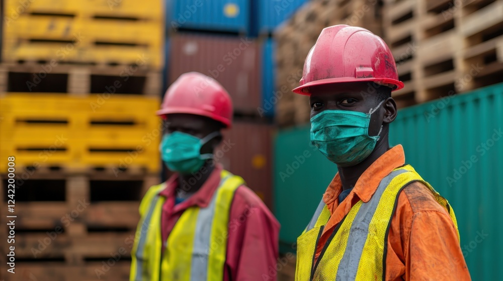 Two workers wearing protective gear carefully loading finished wooden products into cargo containers at a warehouse or distribution facility Two workers wearing protective gear carefully loading finished wooden products into cargo containers at a warehouse or distribution facility