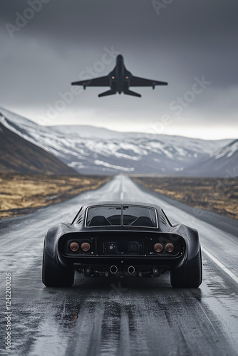 Sports car on a wet road with a jet plane taking off under a moody cloudy sky.