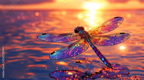 Stunning dragonfly with stained glass wings gently skimming the surface of a lake against a breathtaking sunset backdrop