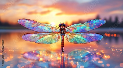 Dragonfly with translucent wings made of stained glass hovers over reflective water against a stunning sunset backdrop
