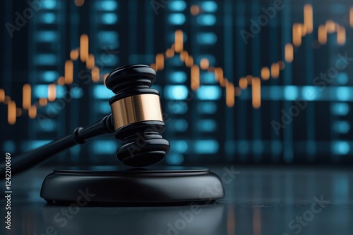Wooden Gavel with Digital Financial Charts and Graphs Glowing on Futuristic Background Symbolizing Financial Analysis Investment Decisions and Legal Proceedings in the Digital Age