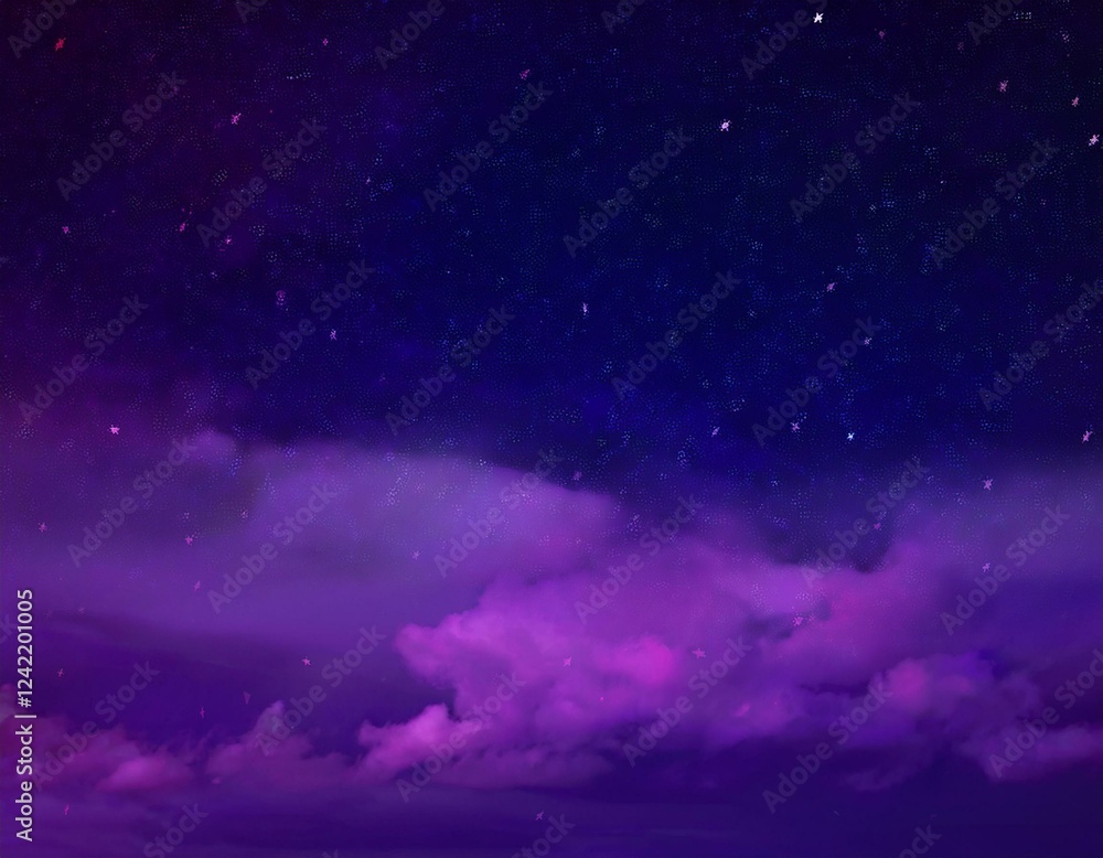 Fototapeta premium Black purple night sky with fluffy clouds and stars. Fantastic sky background for design.