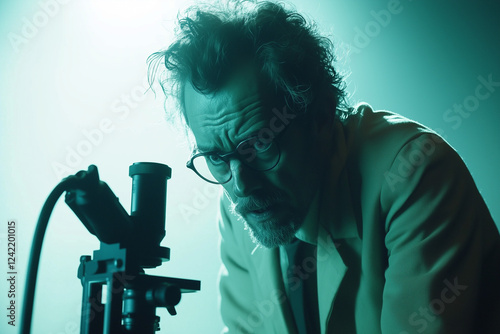 Scientist in action using a microscope, intensely focused on the slide with copy space. Soft cool lighting. High-tech research lab background.  photo