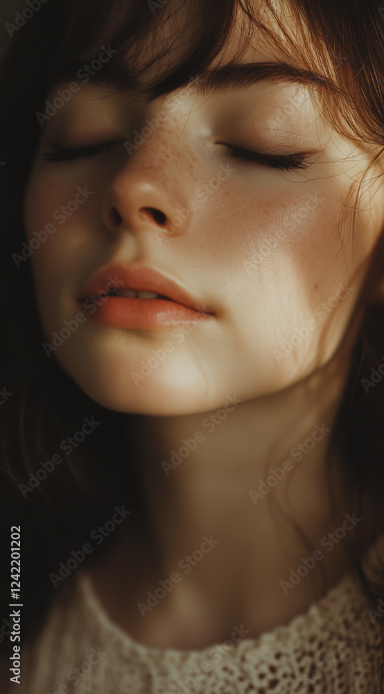 Gentle portrait of a young woman with closed eyes, bathed in warm, soft sunlight.
Gentle portrait of a young woman with closed eyes, bathed in warm, soft sunlight.