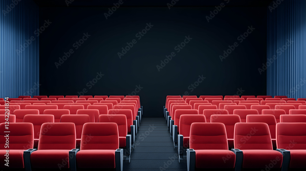 Fototapeta premium Empty movie theater seats, dark screen, blue curtains; ideal for film, cinema, or entertainment promotions