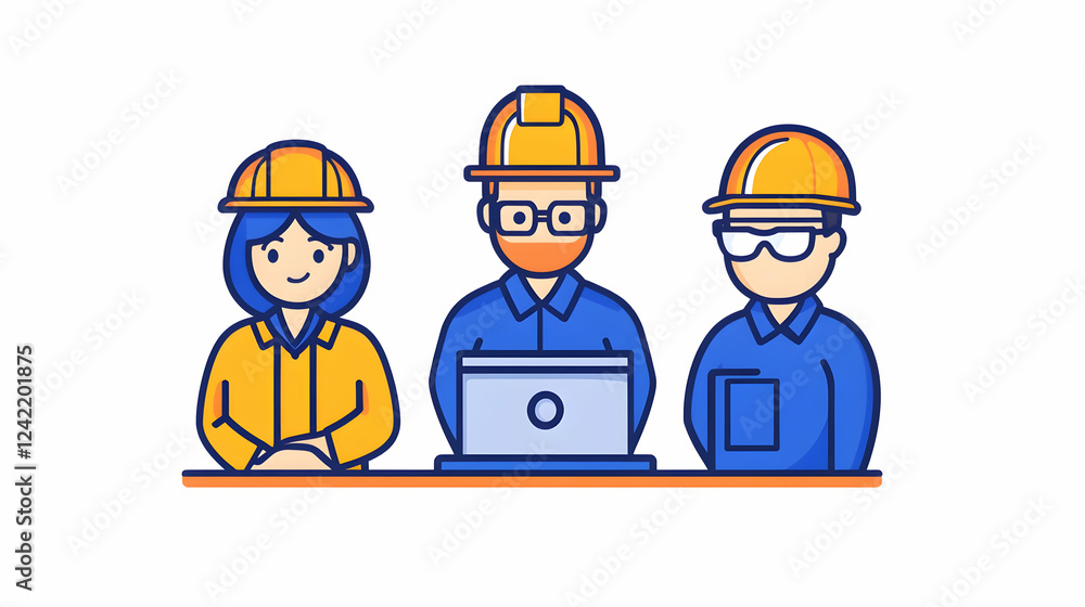 Engineers team meeting on laptop, project planning, office background, construction industry Engineers team meeting on laptop, project planning, office background, construction industry