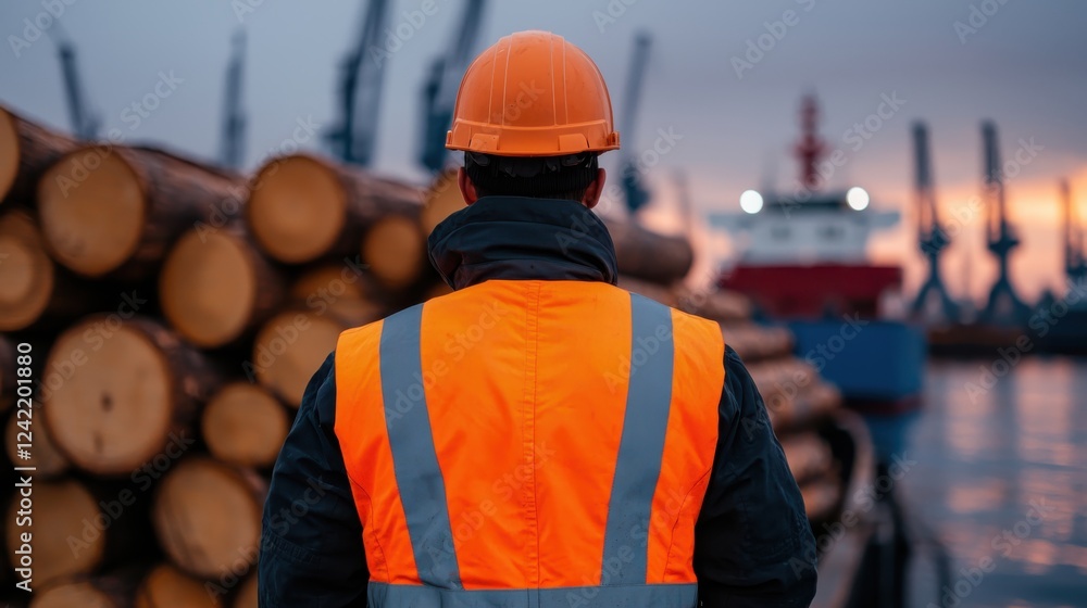 Workers Loading Logs onto Barge in Harbor Industrial Landscape Manual labor crew transporting timber cargo onto freight ship at commercial seaport facility Workers Loading Logs onto Barge in Harbor Industrial Landscape Manual labor crew transporting timber cargo onto freight ship at commercial seaport facility