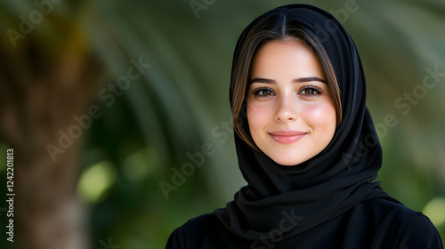 Emirati woman smiling, portrait, outdoors, lush greenery background; website profile picture