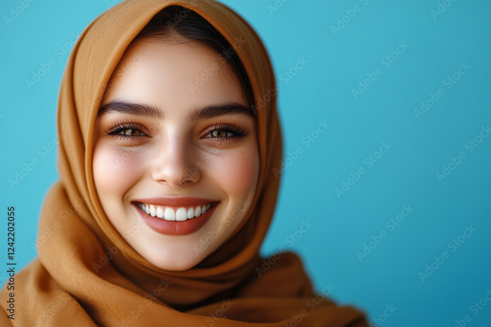 Middle Eastern woman wearing a hijab smiling isolated on a color background Middle Eastern woman wearing a hijab smiling isolated on a color background