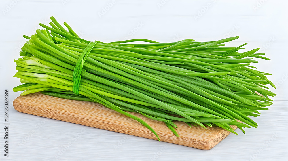 Fresh chives bunch on wooden board, kitchen table background; cooking ingredient Fresh chives bunch on wooden board, kitchen table background; cooking ingredient