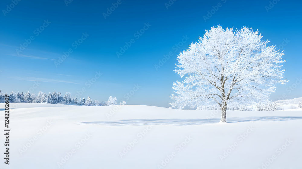 Frosty winter tree in snowy field, clear blue sky; winter landscape, serene nature scene, ideal for calendars or websites Frosty winter tree in snowy field, clear blue sky; winter landscape, serene nature scene, ideal for calendars or websites