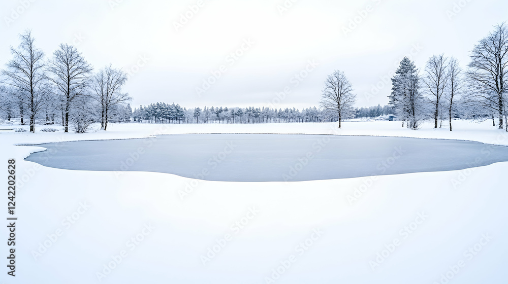 Frozen lake in snowy winter landscape, tranquil scene, ideal for winter travel brochures Frozen lake in snowy winter landscape, tranquil scene, ideal for winter travel brochures