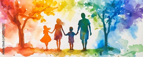 Watercolor painting of a family holding hands and walking through a colorful forest