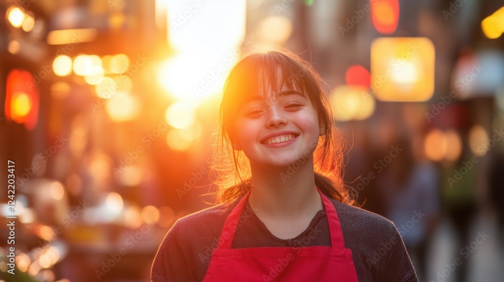 Fototapeta premium happy young woman smiling in sunset city street