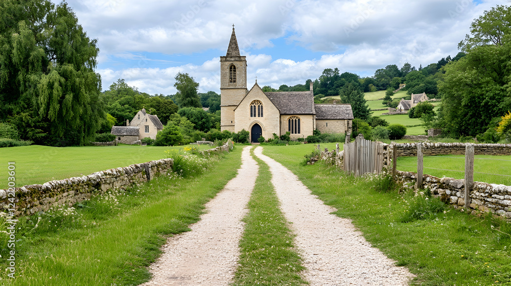 Fototapeta premium Gravel road leads to historic church in idyllic English countryside; pastoral scene