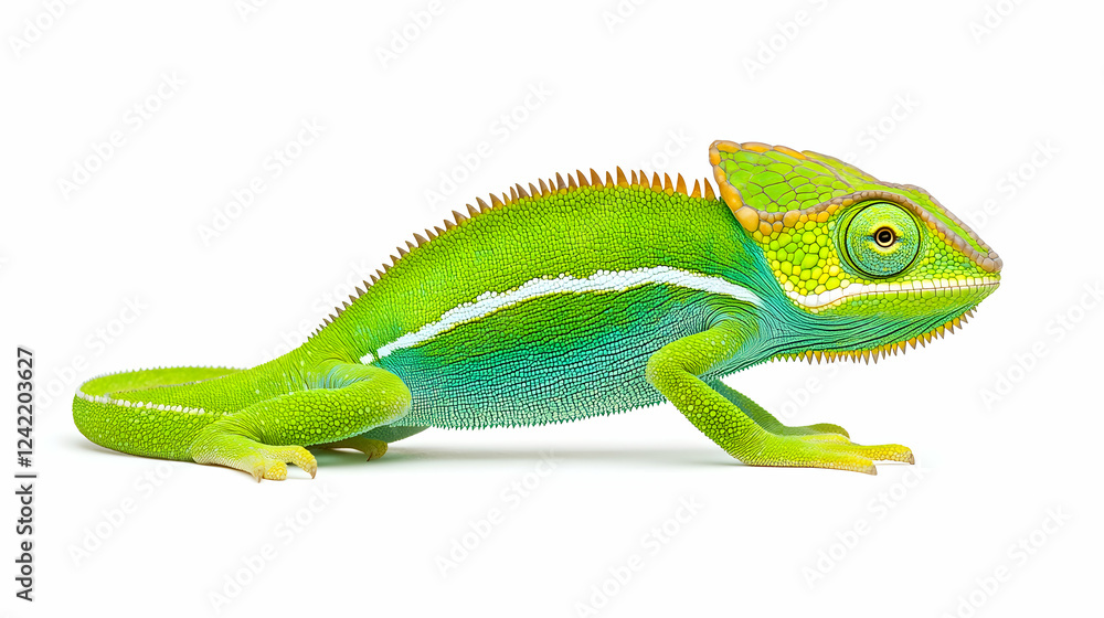 Fototapeta premium Green chameleon profile, isolated on white background, for reptile pet or wildlife illustrations