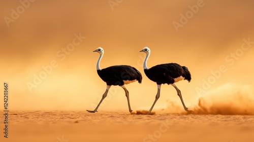 Two ostriches the world s largest living birds are captured in motion as they race across the dry arid landscape of the African savanna photo