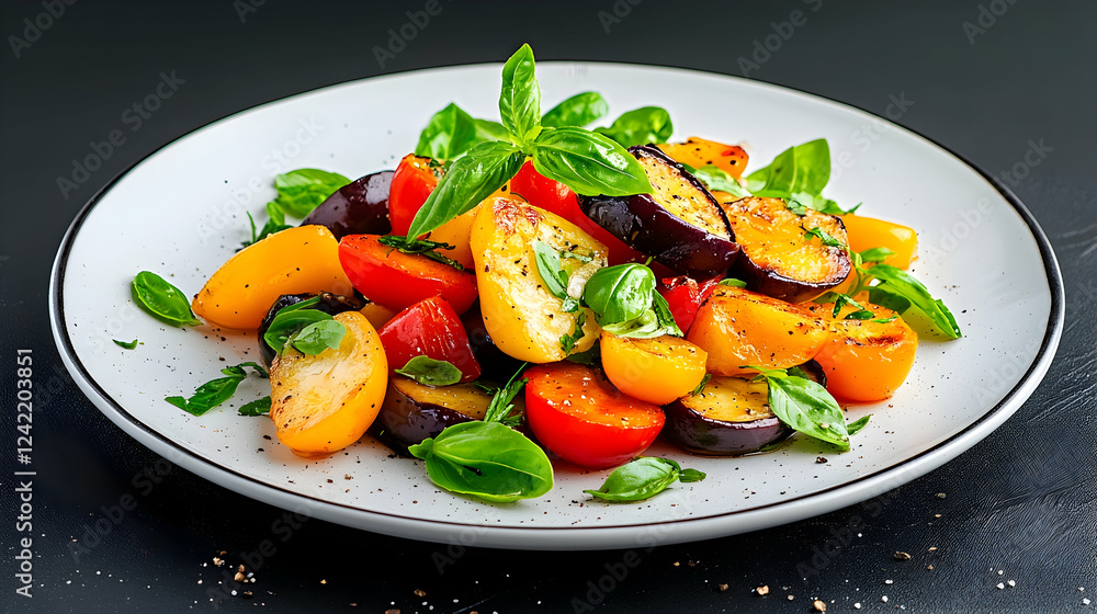 Grilled eggplant and tomato salad on white plate, dark background; healthy food recipe Grilled eggplant and tomato salad on white plate, dark background; healthy food recipe