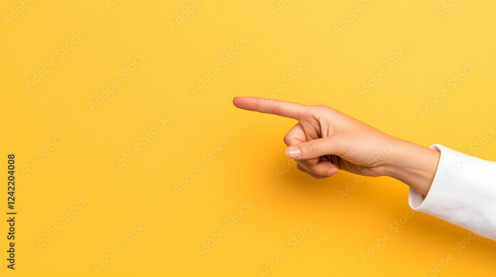 Hand pointing right, yellow background, copy space, direction guide Hand pointing right, yellow background, copy space, direction guide