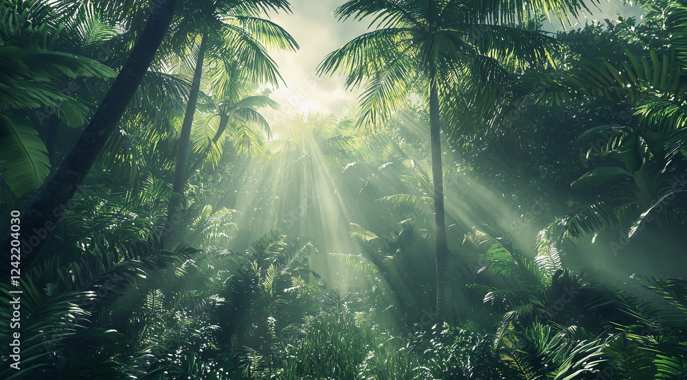 Ethereal sunlight streaming through lush rainforest foliage, creating a tranquil scene.
Ethereal sunlight streaming through lush rainforest foliage, creating a tranquil scene.
