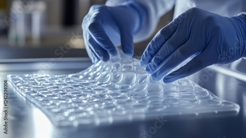 A medium closeup image highlighting a tactile experiment with hydrogel patches on a laboratory table. Scientists gloved hands delicately manipulate the patches emphasizing the flexibility