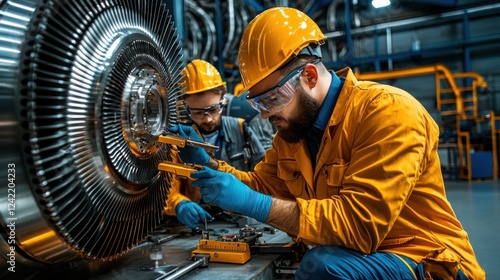 Two skilled technicians in protective uniform and hardhats closely examining and maintaining a large industrial turbine or generator inside a manufacturing facility or power plant