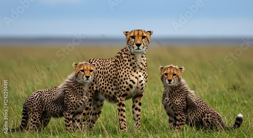 Mother cheetah and two cubs in tall grass, ideal for wildlife, family, nature, and conservation themes in design projects. photo