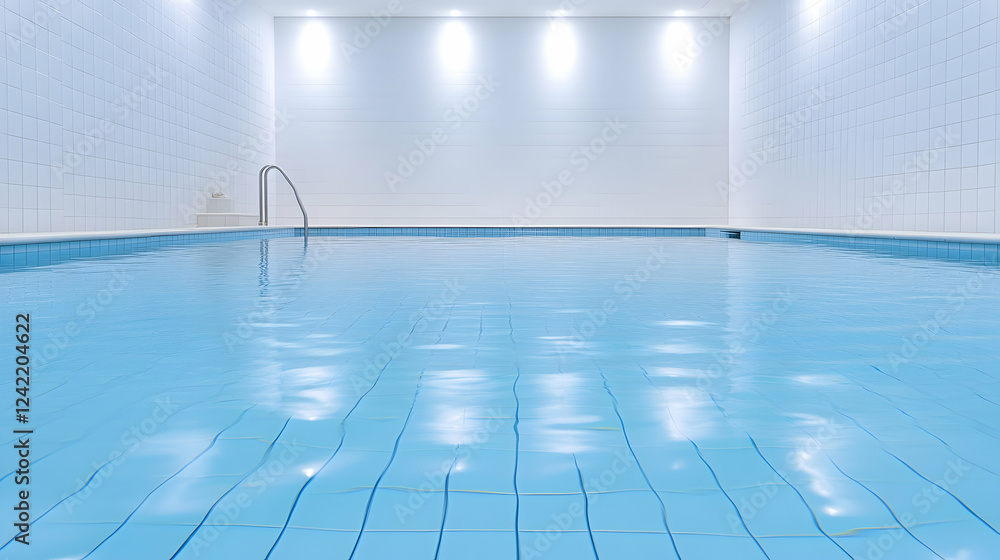 Obraz premium Indoor pool, calm water, white tiles, bright lights, wellness center