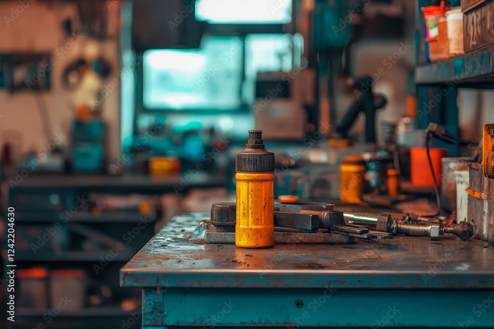 Set of tools in the oil on a metal stand in a car repair shop. Set of tools in the oil on a metal stand in a car repair shop.