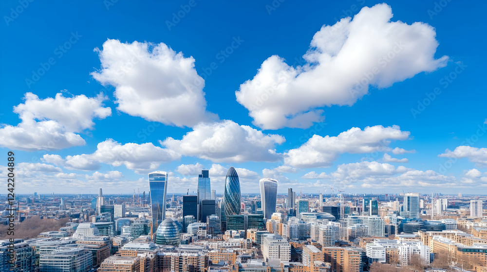 London cityscape, sunny day, skyscrapers, clouds, panoramic view, ideal for travel brochures London cityscape, sunny day, skyscrapers, clouds, panoramic view, ideal for travel brochures