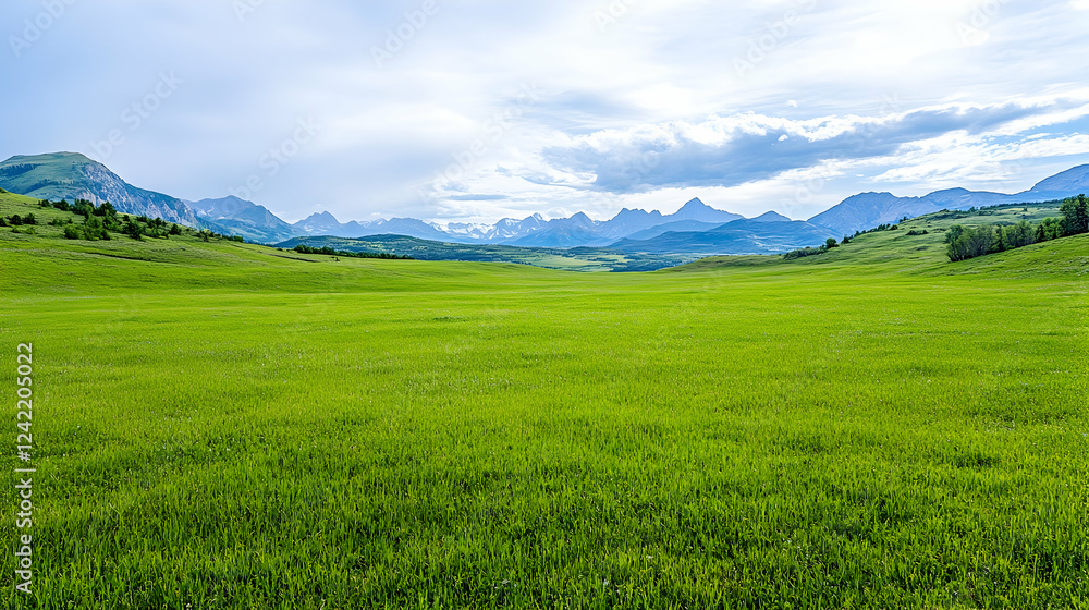Lush green valley meadow, mountain backdrop, cloudy sky, serene landscape; ideal for travel brochures Lush green valley meadow, mountain backdrop, cloudy sky, serene landscape; ideal for travel brochures