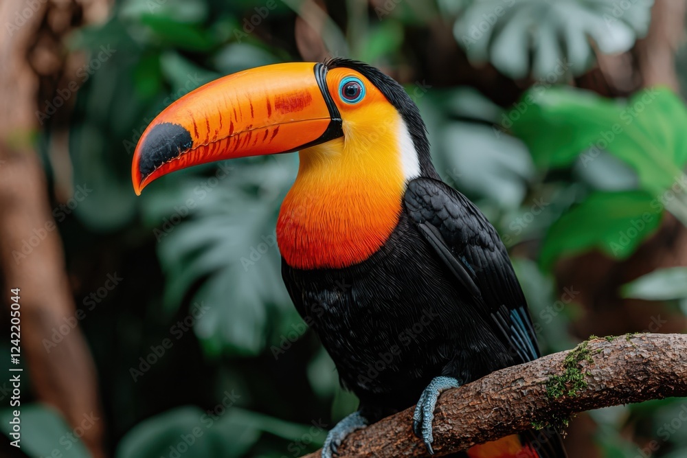 Obraz premium Vibrant and Colorful Toucan Perched on a Mossy Tree Branch in a Lush Tropical Jungle Environment